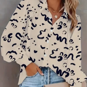 Plus Size 1XL-5XL Women Geometric Pattern Lapel Long Sleeved Top Button Casual Shirt