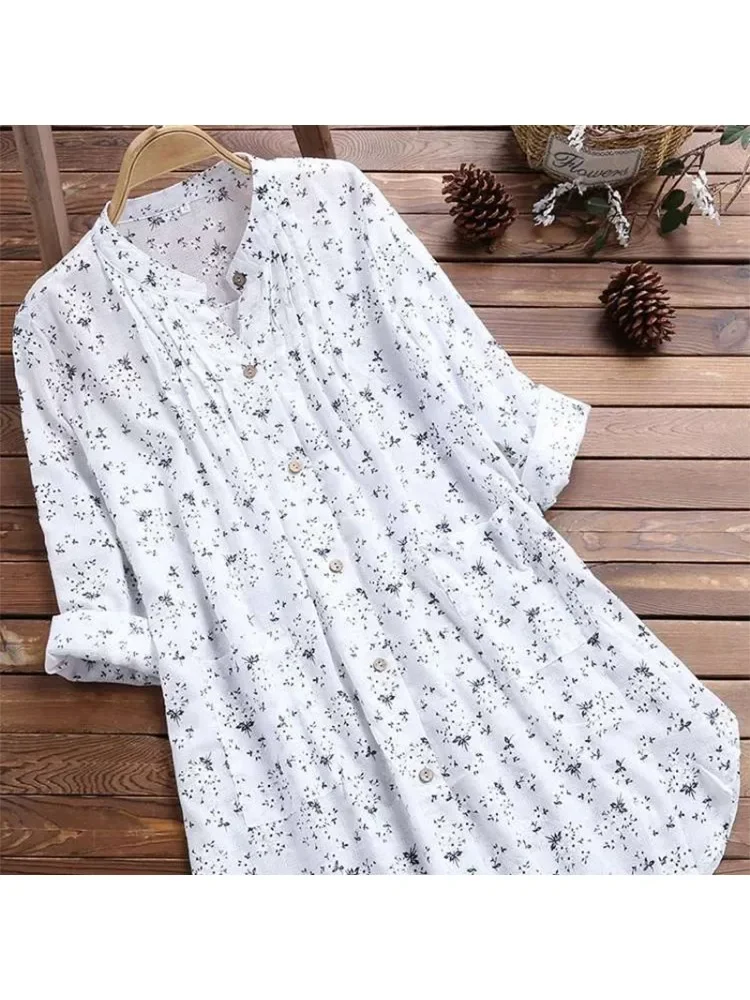 Women's Plus-size Shirt White Long Flower Decorated Lapel Button Up Top for Travel Wear - Image 6