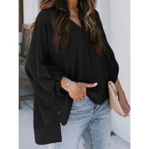 Plus Size 1XL-5XL Women's Casual Casual Roll Up Sleeve V Neck Blouse Ladies Fashion Long Sleeve Blouse Loose Shirt