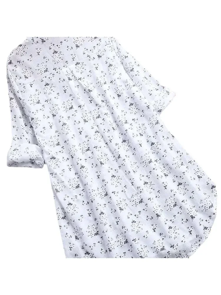 Women's Plus-size Shirt White Long Flower Decorated Lapel Button Up Top for Travel Wear - Image 4