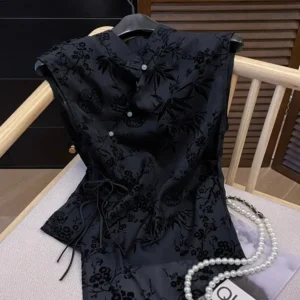 Women's Jacquard Black Chiffon Blouse Short Sleeve Loose Top Office Casual Wear Lace-Up Shirt Lady plus Size