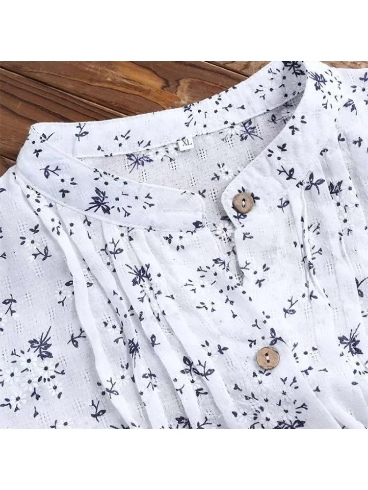 Women's Plus-size Shirt White Long Flower Decorated Lapel Button Up Top for Travel Wear - Image 3