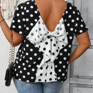 Plus Size Summer Elegant Spot Print Shirt for Women Casual Office Lady Bow Back Curve Clothing Female Blouses