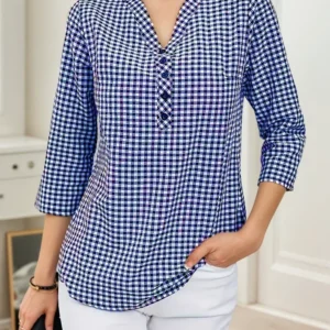 Plus Size Spring Autumn Women Fine Plaid Fashion Long Sleeve V-Neck Blouse Slim Fit Temperament Top Belly Covering Small Shirts