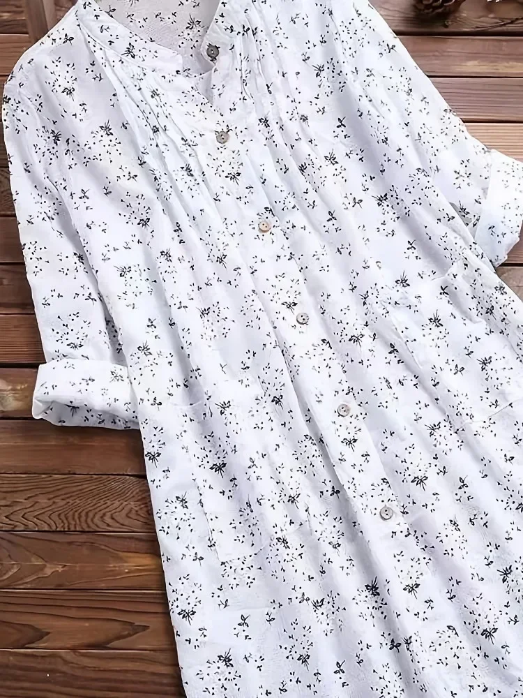 Women's Plus-size Shirt White Long Flower Decorated Lapel Button Up Top for Travel Wear - Image 2