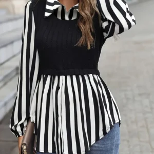 Women Plus Size Striped Blouse Casual Long Sleeve Lapel Collar Non Stretch Woven Shirt for Summer Black White Vertical