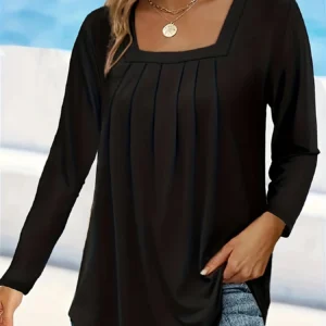 plus size autumn new oversized comfortable casual commuting square neck solid color pleated long sleeved top T-shirt