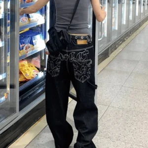 plus Size American Embroidered Wide Leg Jeans Women's Casual Straight Loose Long Pants High Waist Jeans Street Sle Denim