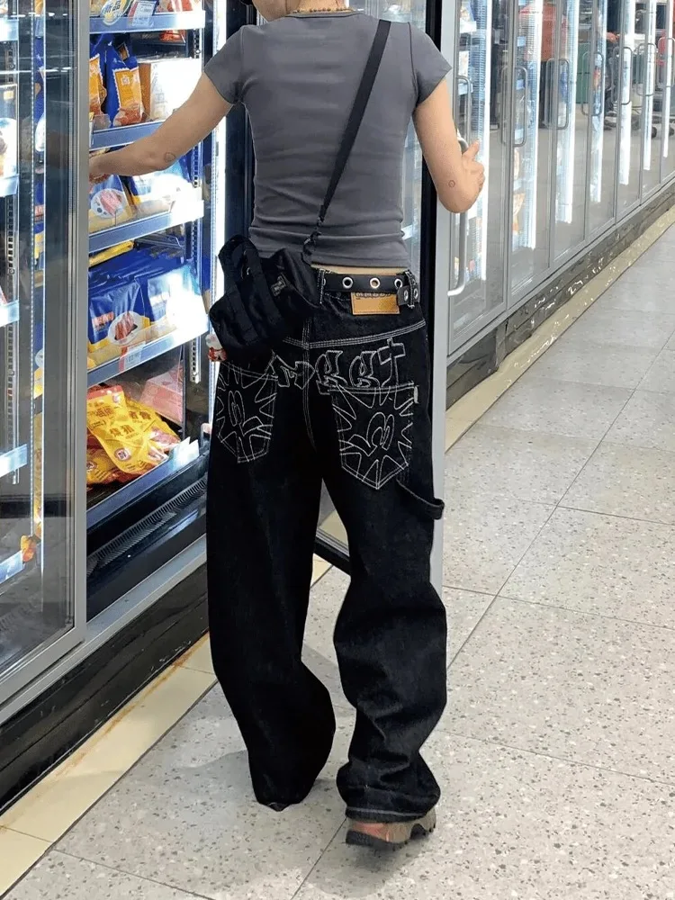 plus Size American Embroidered Wide Leg Jeans Women's Casual Straight Loose Long Pants High Waist Jeans Street Sle Denim