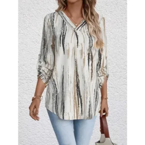 Plus Size 1XL-5XL Women's Casual New Casual V-neck Printed Fashionable Curved Hem Rolled Sleeve Shirt