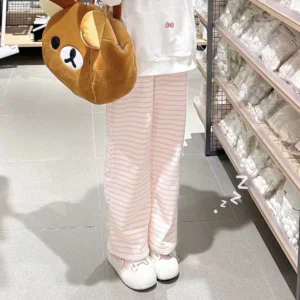 Japanese Y2K Striped Sweatpants Women Harajuku Kawaii Sweet Fleece Sports Pants Indian Fashion Cute Girly Basic Trousers