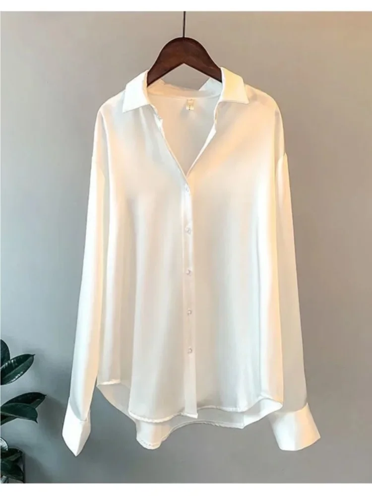 Plus Size Casual Women Silk Shirt 2025 New Fashion Loose Long Sleeve Button-Down Blouse Female Elegant Top Office Acetate Shirts - Image 3
