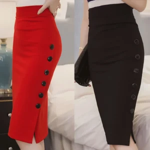 Summer Sexy Elegant Womens Pencil Skirt High Waisted Button Split Skirt Office Lady Slim Bodycon Bandage Skirts plus size