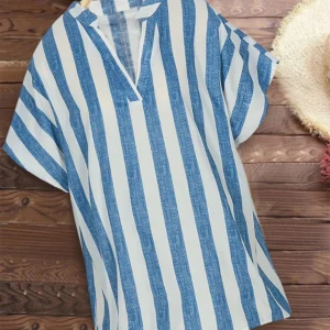 Plus Size 2024 Summer New Women's Striped Pullover T-Shirt V-Neck Short Sleeve Casual Tops Polyester