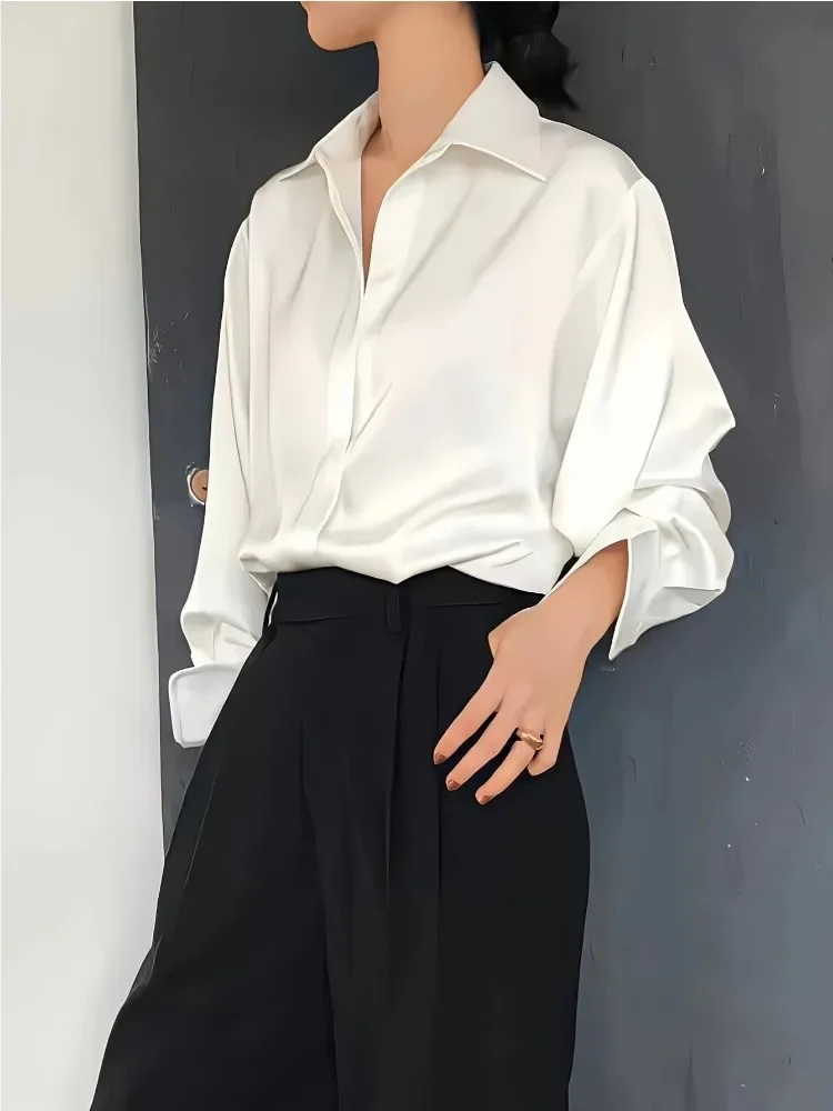 Plus Size Casual Women Silk Shirt 2025 New Fashion Loose Long Sleeve Button-Down Blouse Female Elegant Top Office Acetate Shirts - Image 4