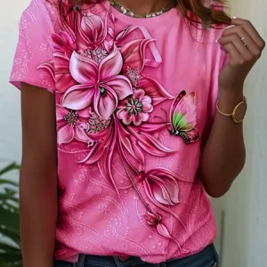 Plus Size Casual T-shirt Women's Plus Floral Print Short Sleeve Round Neck Slight Stretch T-shirt