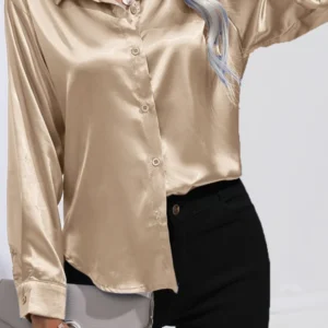 Plus Size Casual Women Silk Shirt 2025 New Fashion Loose Long Sleeve Button-Down Blouse Female Elegant Top Office Acetate Shirts