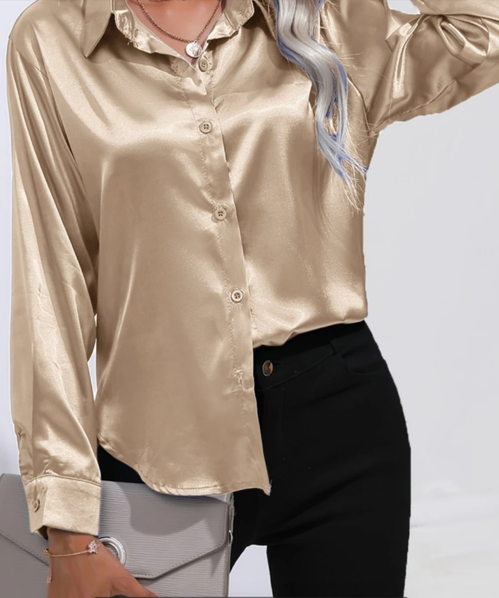Plus Size Casual Women Silk Shirt 2025 New Fashion Loose Long Sleeve Button-Down Blouse Female Elegant Top Office Acetate Shirts