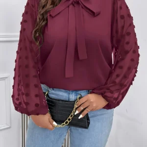 Plus Size Spring Autumn Women Elegant Bow Tie Neck Shirt Office Lady Fashion Solid Curve Clothing Casual Long Sleeve Tops