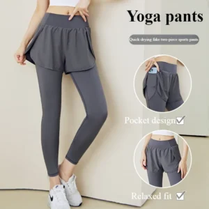 Women Yoga Pants Sportswear Woman Gym Yoga Wear Training Pants Leggings Elastic Quick-drying High Waisted Fake Two Pieces