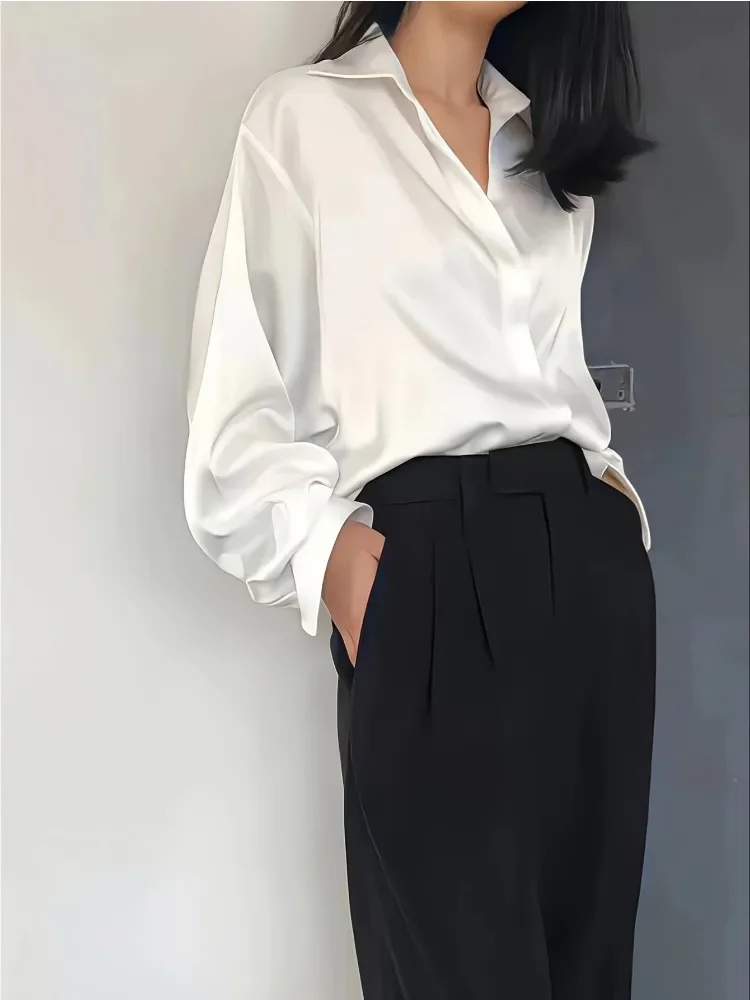 Plus Size Casual Women Silk Shirt 2025 New Fashion Loose Long Sleeve Button-Down Blouse Female Elegant Top Office Acetate Shirts - Image 5