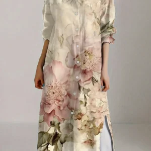 Plus Size Women's Retro Chic Floral Print Long Sleeve Shirt Dress