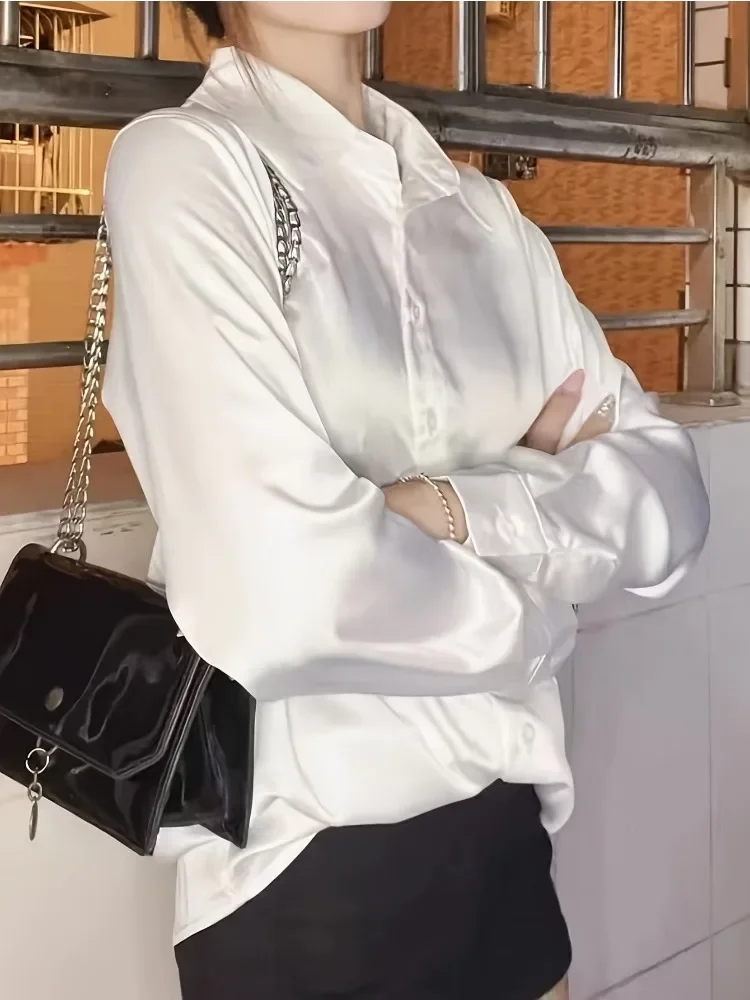 Plus Size Casual Women Silk Shirt 2025 New Fashion Loose Long Sleeve Button-Down Blouse Female Elegant Top Office Acetate Shirts - Image 6