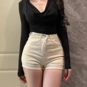 High Waist Sexy ort Jeans Women's Summer New Sle Tight Fit Slimming Hot Pants with Hip Pad Casual Zipper Straight Leg Jeans