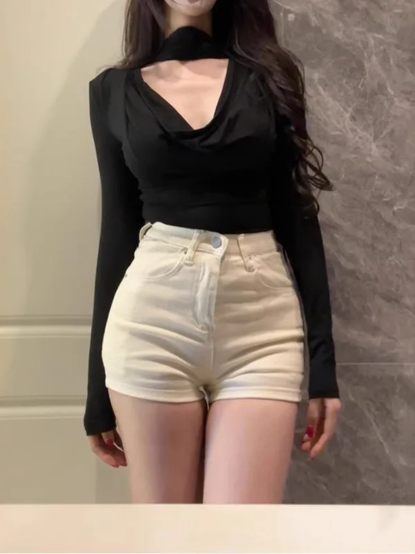 High Waist Sexy ort Jeans Women's Summer New Sle Tight Fit Slimming Hot Pants with Hip Pad Casual Zipper Straight Leg Jeans