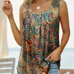 Plus Size New European and American women's pleated square neckline sleeveless tailcoat T-shirt