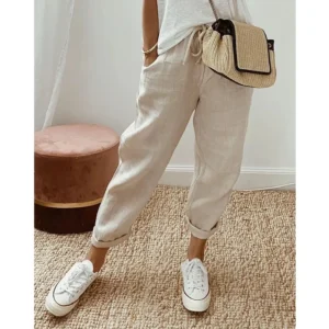 Women's Casual Pants Solid Color Drawstring Elastic Waist Trousers with Pockets Lounge Fashion Straight Pants