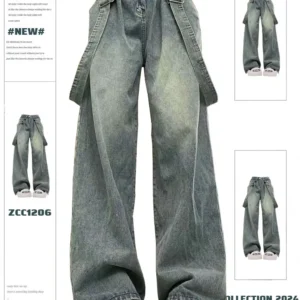 Retro American Vibe Women's Wide Leg Jeans Cargo Pants High Waist Long Trousers Dual Wear Harn Loose Fit Spring Design