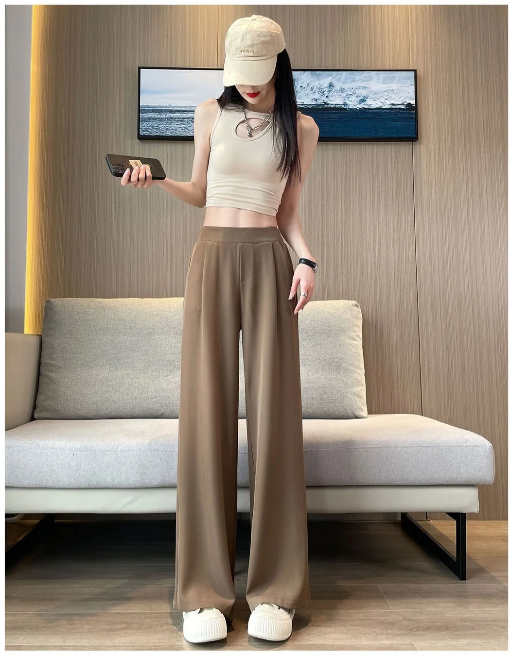 casual pants woman High sense pendant black suit wide leg high waist straight leg loose women's pants - Image 3