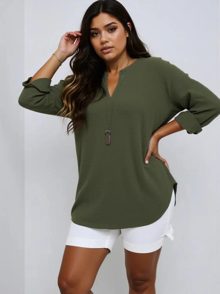 Plus Size Women's Casual Tops Loose Breathable Long Sleeve Stand Collar Female T-shirt Polyester Fashion Apparel V-neck Clothing