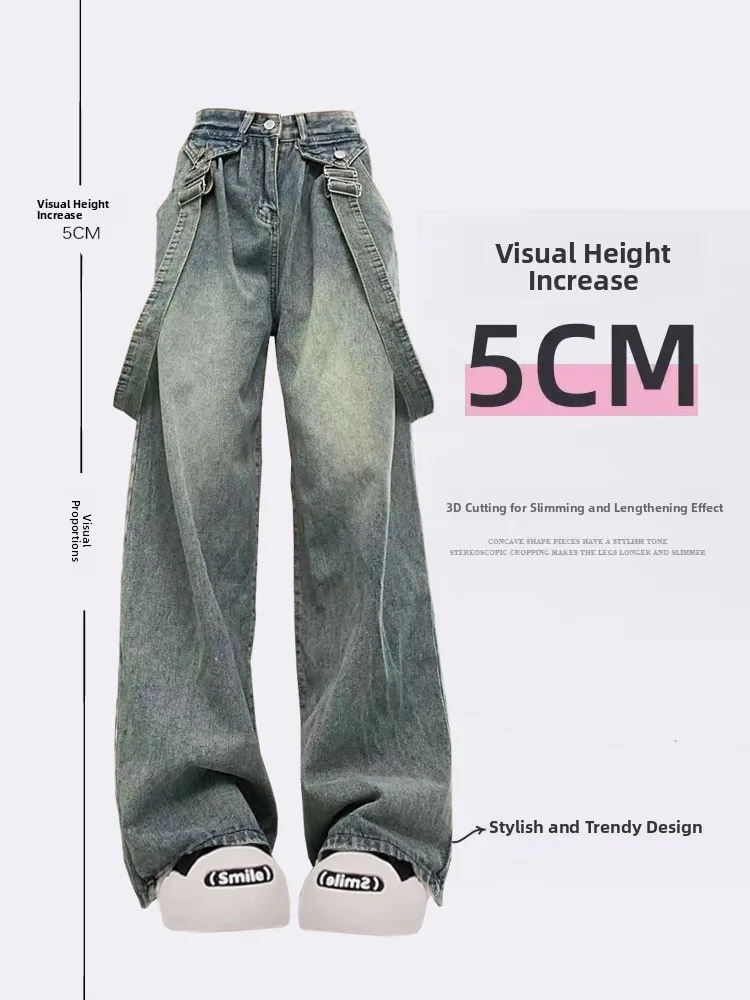 Retro American Vibe Women's Wide Leg Jeans Cargo Pants High Waist Long Trousers Dual Wear Harn Loose Fit Spring Design - Image 2