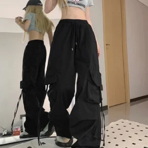 Retro Vintage High Street Baggy Pants Fashion Women Oversized Drawstring Pocket New Pant Casual Streetwear Loose Jogger Trousers