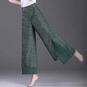 High Waist Wide Leg Pants Women's Summer Thin Ice Silk Straight Cut Slimming Drapey Floral Embroidery Loose Fit Casual Trousers
