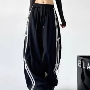 American Retro Side Stripe Knot Dstring Wide Leg Pants Women High Waist Casual Sports Trousers Workwear Straight...