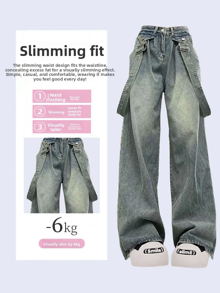 Retro American Vibe Women's Wide Leg Jeans Cargo Pants High Waist Long Trousers Dual Wear Harn Loose Fit Spring Design - Image 3