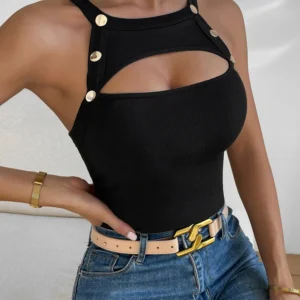 Plus Size 2025 Summer New Front Cutout Contrast Mesh Button Detail Vest Pure Colour Summer Best Choice